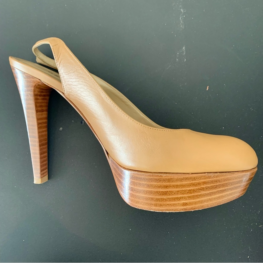 Stuart Weitzman Almond Butter Leather Platform Slingback Heels - Picture 2 of 16